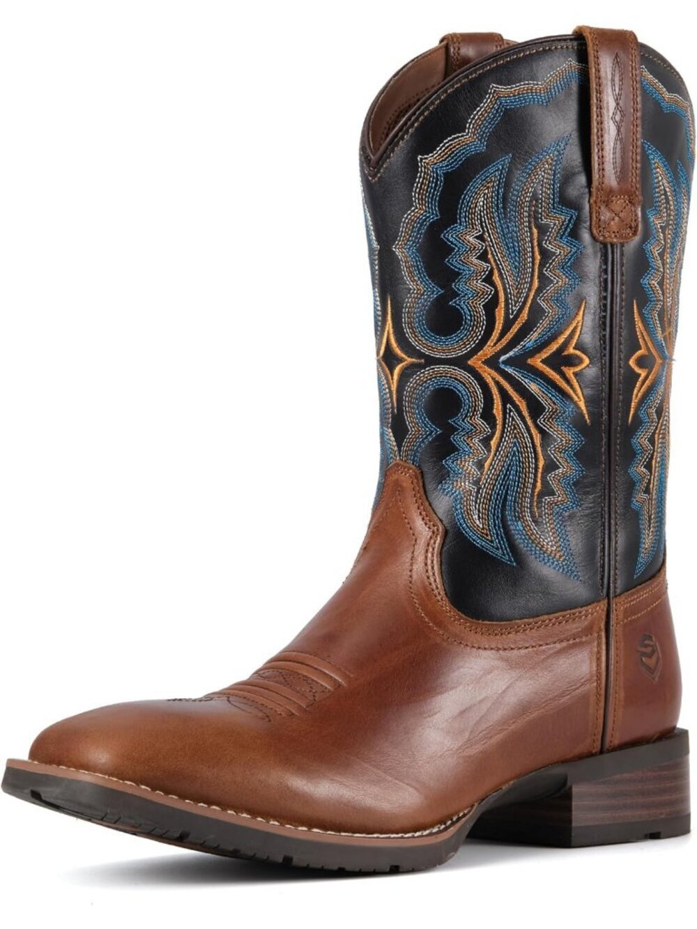 Men's Black And Brown Pull On Mid Calf Wellington Square Toe Western Cowboy Boot